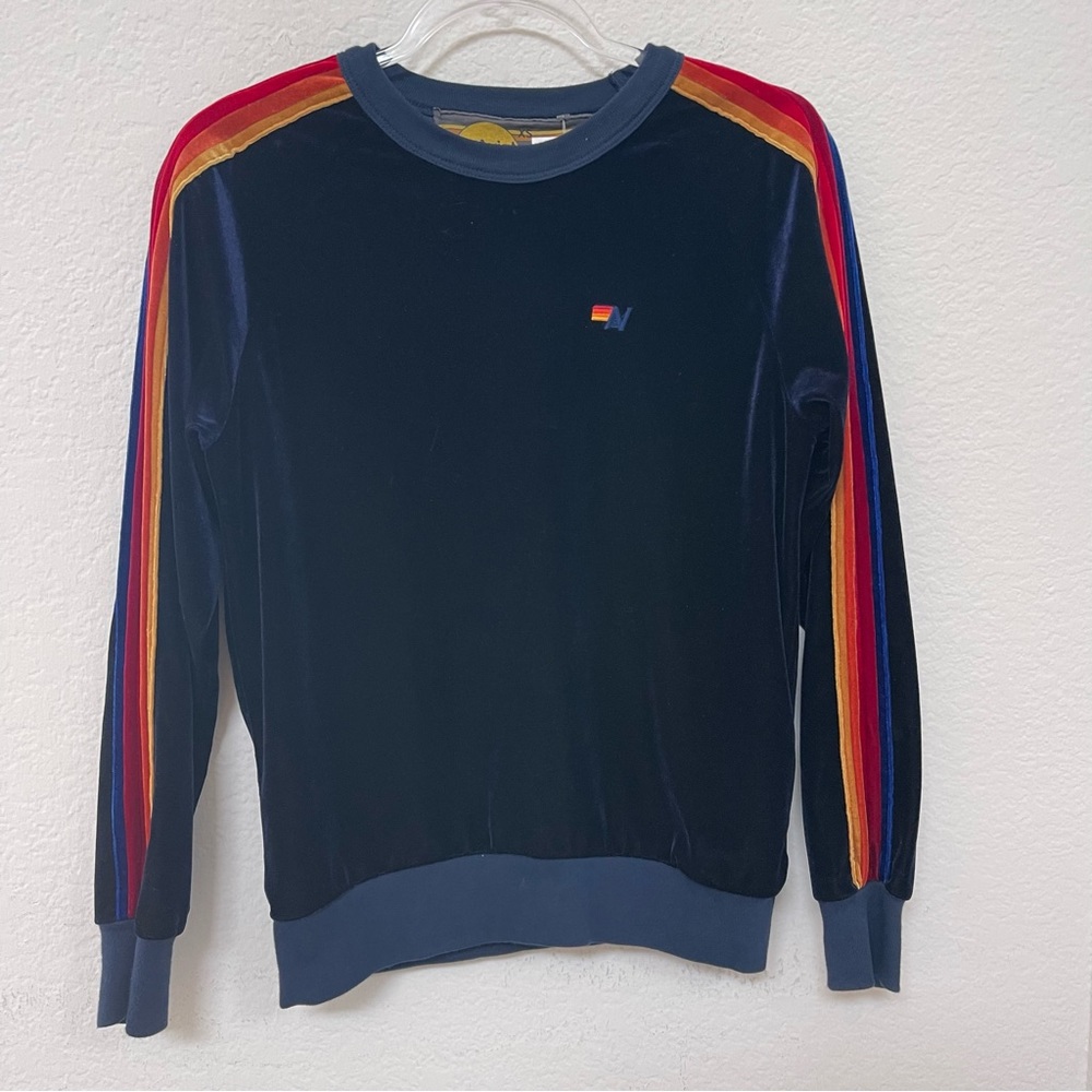 Aviator Nation Velvet Navy Blue Pullover Sweatshirt Stripes Size XS